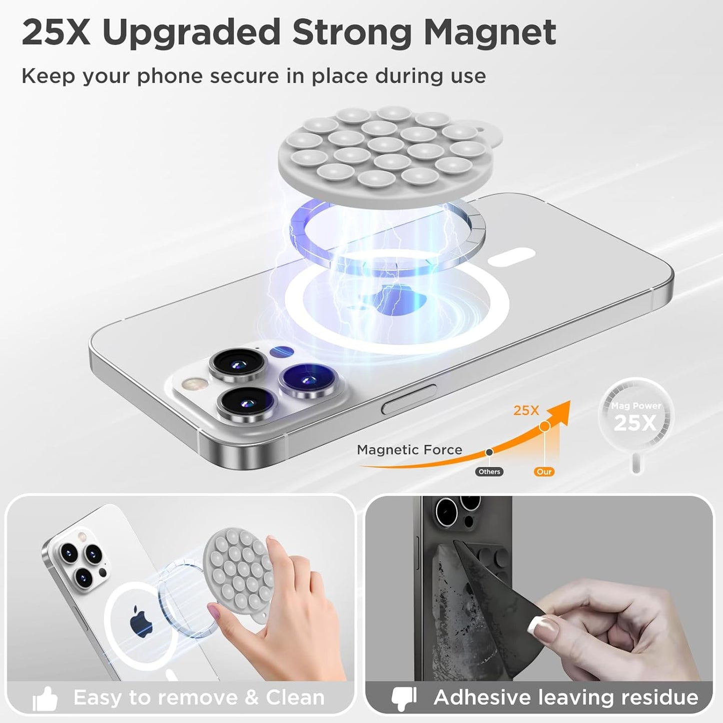 Magnetic Suction Cup Phone Mount for MagSafe Case, Silicone Hands-Free Grip Holder for iPhone and Android, Mirror Shower Phone Stand for Makeup FaceTime Gym Kitchen Bathroom, Light Gray