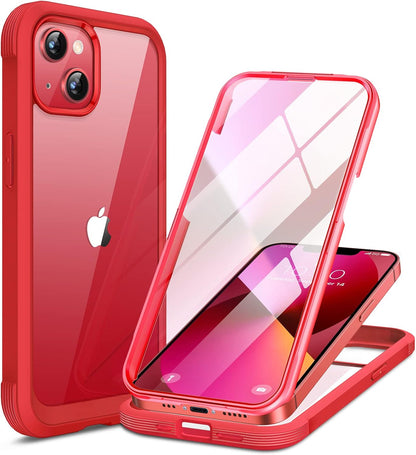 Miracase Compatible with iPhone 13 case 6.1 inch, 2021 Upgrade Full-Body Glass Clear Case Bumper Case with Built-in 9H Tempered Glass Screen Protector for iPhone 13-Red