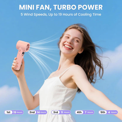 Portable Handheld Fan - 5000mAh Rechargeable Battery, 19Hrs Cooling Max, 5 Speed, 11000RPM High Power Motor, 3-IN-1 Personal Mini Fan with Neck Strap for Women Men Travel/Camping/Outdoor - Pink