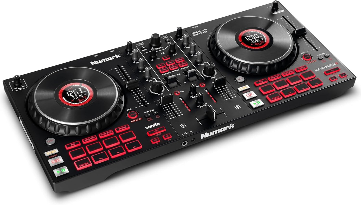 Numark Mixtrack Platinum FX Serato DJ Controller with Jog Wheel Displays, 4 Decks, Mixer, Effects Paddles and (Audio Interface)
