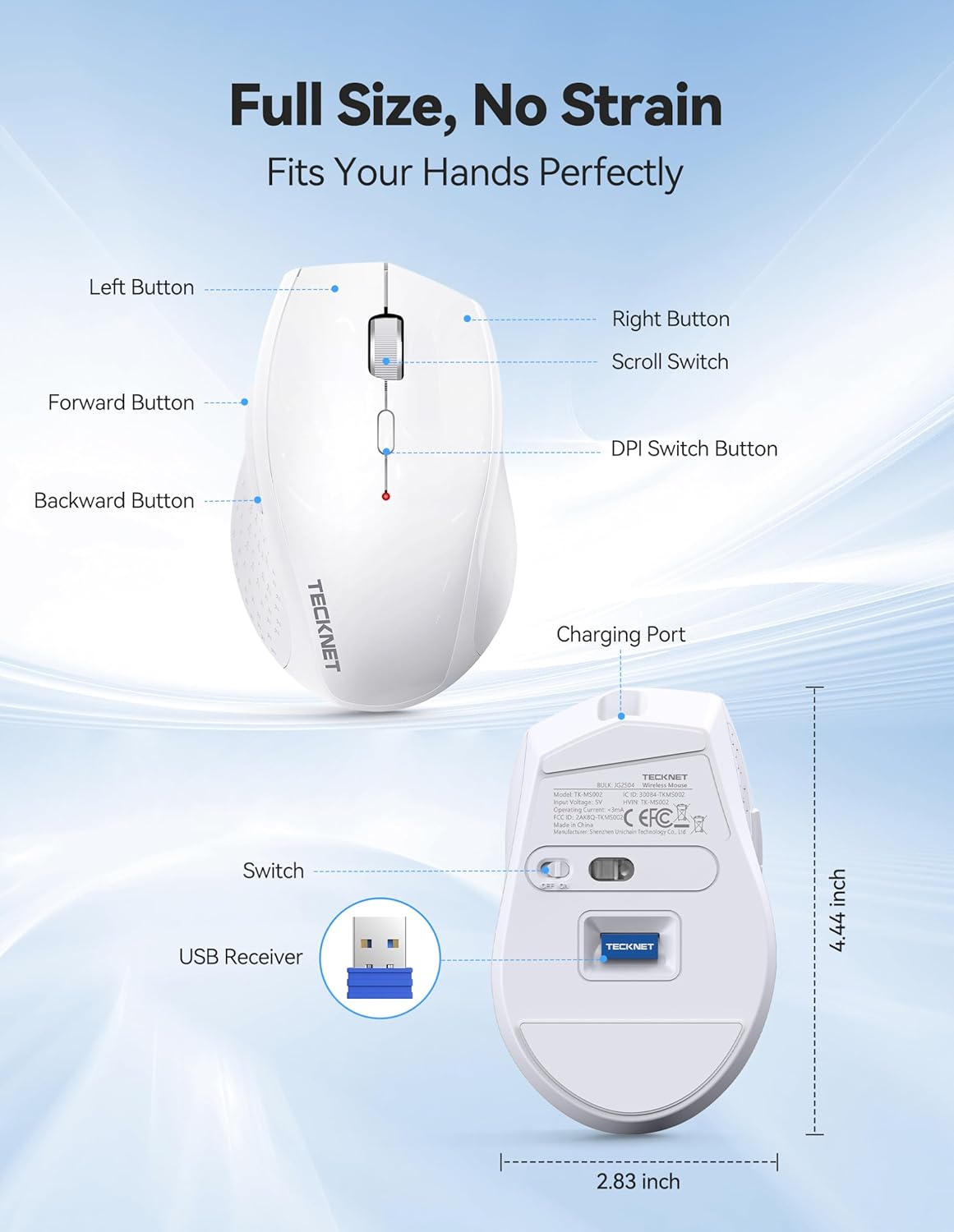 TECKNET Wireless Mouse Rechargeable,Mouse for Laptop Computer,2.4G USB Computer Mice Wireless,6 Button 6400 DPI Ergonomic Silent Mice,Portable Cordless Travel Mice-Wide Compatibility