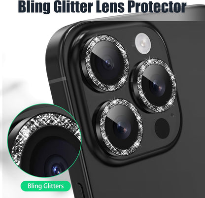AGVEE 3+3 6 Pack for iPhone 16 Pro 6.3" / 16 Pro Max 6.9" Camera Lens Cover Protector, Bling Glitter & CD-Textured Metal Ring 9H Tempered HD Glass Camera Cover Protector Film, Glitter-Black