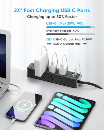 Flat Plug Desk Clamp Power Strip 15FT, 40W Total Fast Charging Station, Dual PD 20W USB C Ports, Desk Edge Mount Power Strip 9 AC Outlets 8 USB Ports(4 USB C) Surge Protector, Fit 1.7" Tabletop Edge
