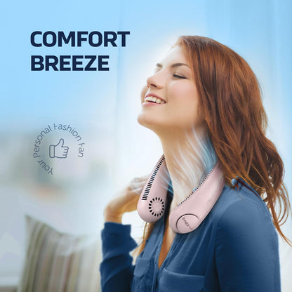 Portable Neck Fan -3 Speed Rechargeable Bladeless Neck Cooler, Pink Comfortable Lightweight, Personal Neck Fan For Women & Men Modern Design, Great Cooling Fan For Travel, Outdoors & Sports