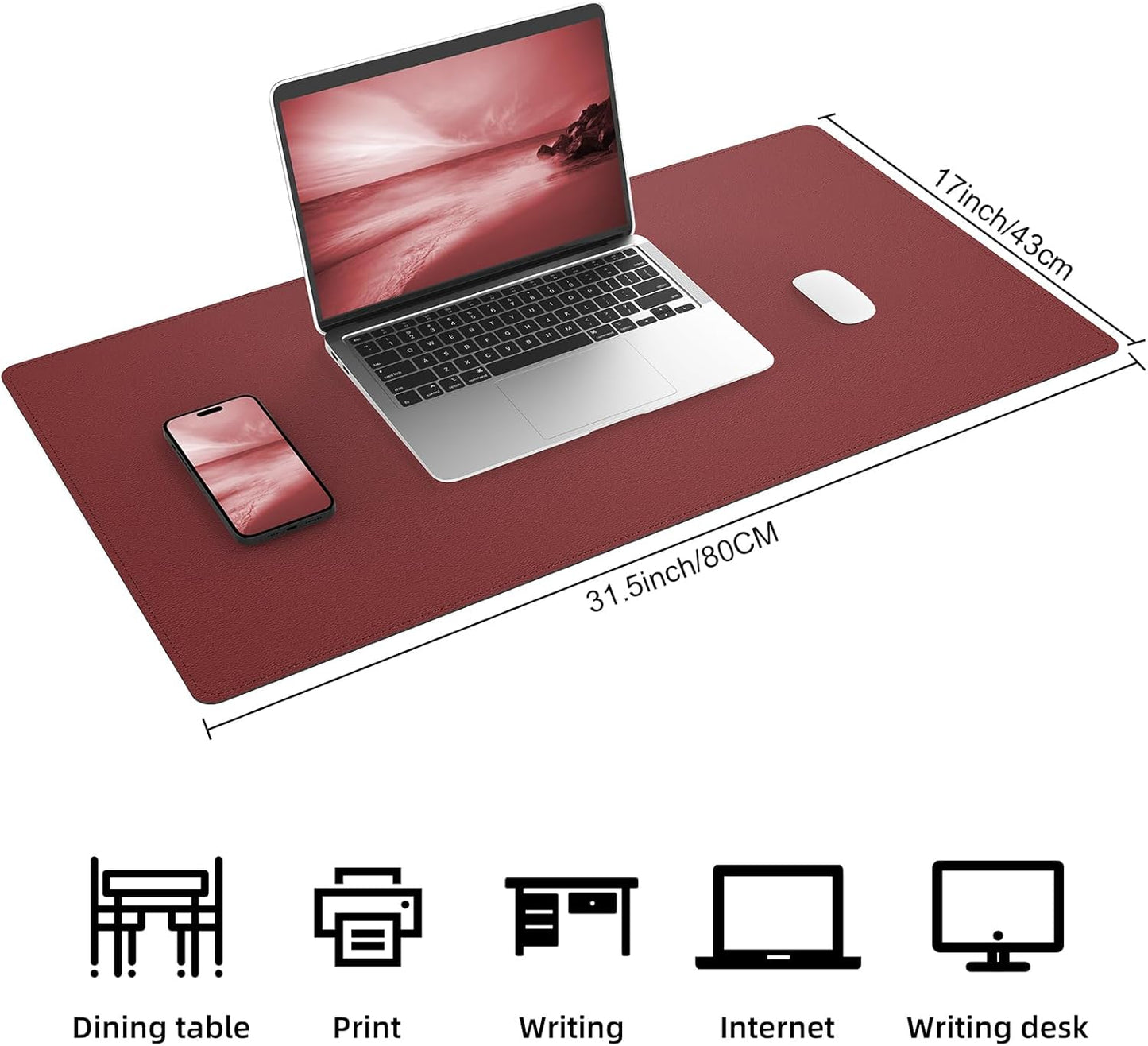 Desk Mat 31.5" x 17" Leather Desk Pad Protector with Natural Cork & PU Leather, Non-Slip Office Desk Mat, Double-Sided Large Mouse Pad, Waterproof Desk Pad for Office&Home (red)