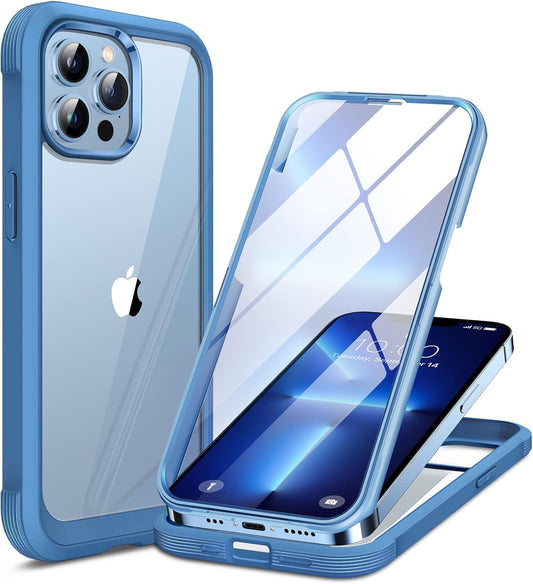 Miracase Glass Case for iPhone 13 Pro Max 6.7 inch, 2023 Upgrade Full-Body Clear Bumper Case with Built-in 9H Tempered Glass Screen Protector, Capri Blue