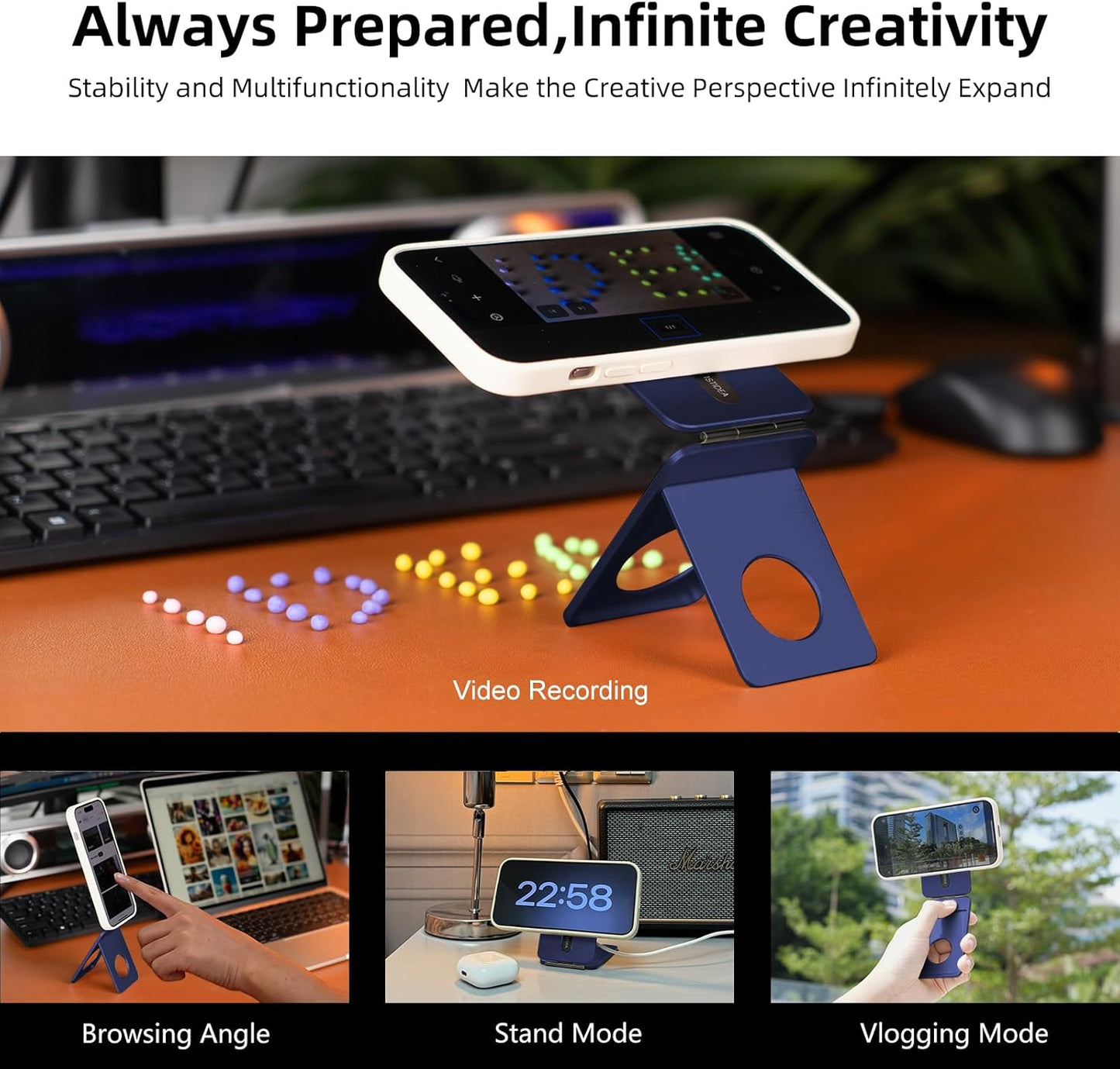 Phone Tripod Stand, Aluminum Alloy Mini Tripod Compatible with Magsafe iPhone 16/15/14/13/12 Series, Foldable Strong Magnetic Phone Stand, Mult-Angle Adjustment Selfie Stick (Navy Blue)