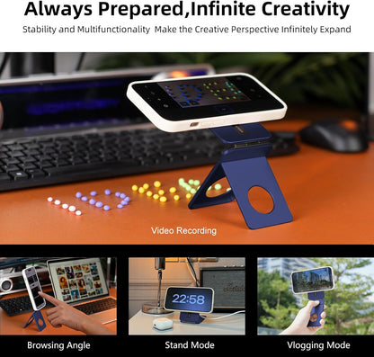 Phone Tripod Stand, Aluminum Alloy Mini Tripod Compatible with Magsafe iPhone 16/15/14/13/12 Series, Foldable Strong Magnetic Phone Stand, Mult-Angle Adjustment Selfie Stick (Navy Blue)