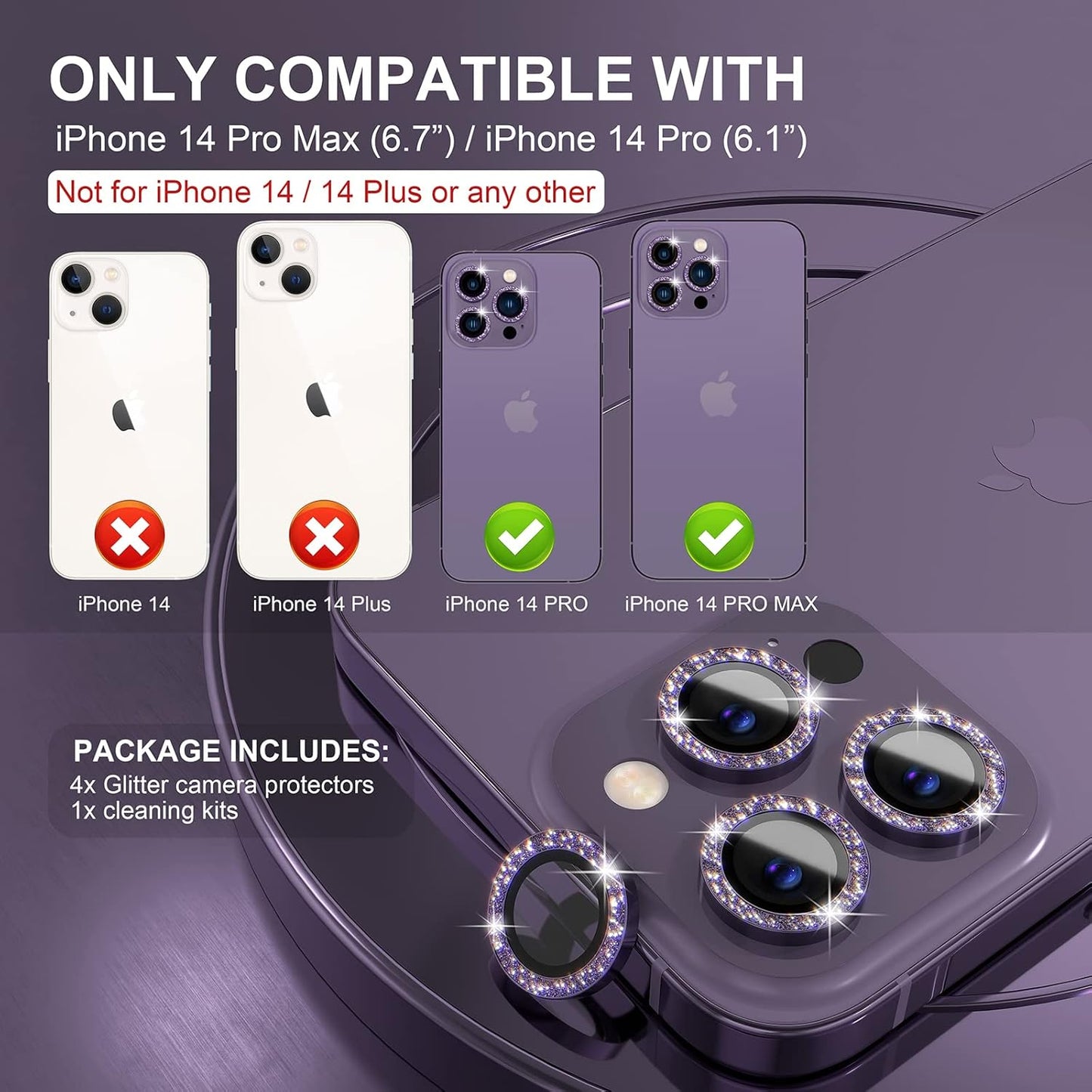 Choiche [3+1 for iPhone 14 Pro/iPhone 14 Pro Max Camera Lens Protector Bling, 9H Tempered Glass Camera Cover Screen Protector Metal Ring Decoration Accessories (Glitter-Purple)