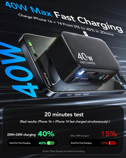 4-in-1 Retractable Gan Wall Charger Plug,Travel Essentials Brick Multiport USB Ports,3ft Lightening and Type c Cables,40W Multi Fast Charging Foldable Block for iPhone 16/15/14/13,iPad,Galaxy,Pixel