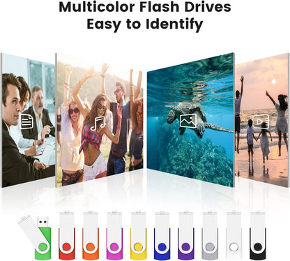 32GB Flash Drive 32gb USB Flash Drive 10 Pack Thumb Drive Memory Stick Swivel Jump Drive Keychain Design, Mixcolored