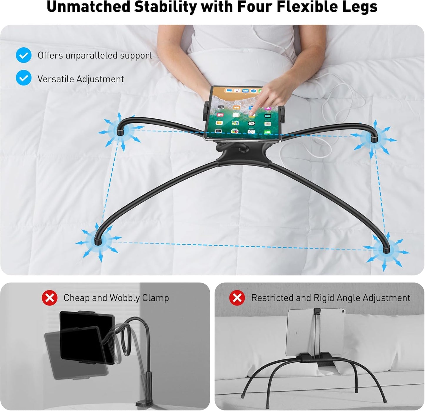 AboveTEK iPad Holder for Bed, Adjustable Tablet Bed Stand Mount, 360° Hands-Free Kindle Holder for Reading in Bed, Compatible w/ 4.7"-15.6" Tablets/iPads/Kindles/Phones/Samsung - Durable & Flexible
