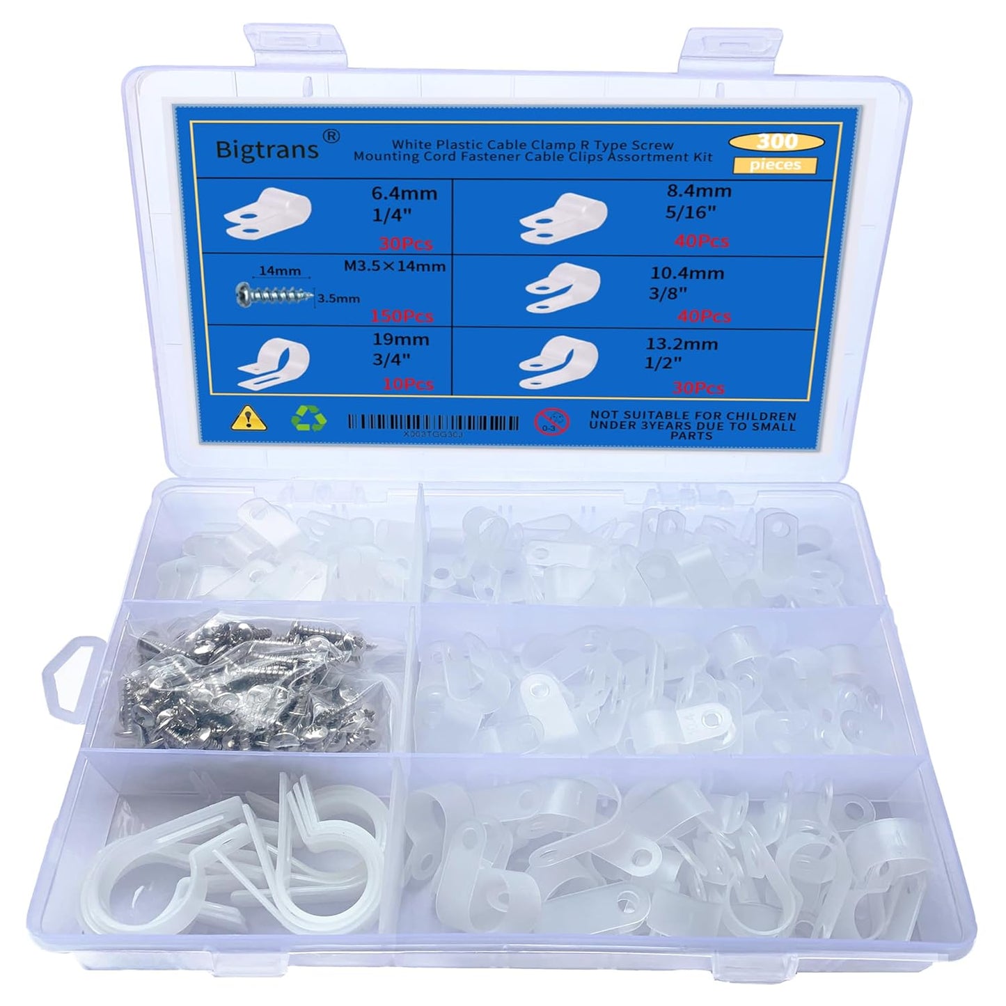 Bigtrans 300 Pcs Nylon Plastic R-Type Wire Clips with Screws 1/4" 5/16" 3/8" 1/2" 3/4" Clamps Fasteners Assortment for Cable Conduit -5 Size -White