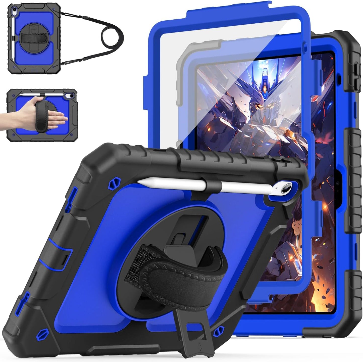 Cantis Case for iPad 11-inch (A16) 2025/ iPad 10th Generation 2022 (10.9 inch) with Screen Protector, iPad 11th Case with 360 Degree Rotating Stand/Shoulder Strap/Pencil Holder, Black+Dark Blue