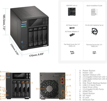Asustor Lockerstor 4 Gen2 - AS6704T | 4-Bay NAS, Quad-Core 2.0GHz Processor, 4 M.2 NVMe Slots (PCIe 3.0), Dual 2.5GbE, Expandable to 10GbE, 4GB DDR4 RAM, (No Drive)