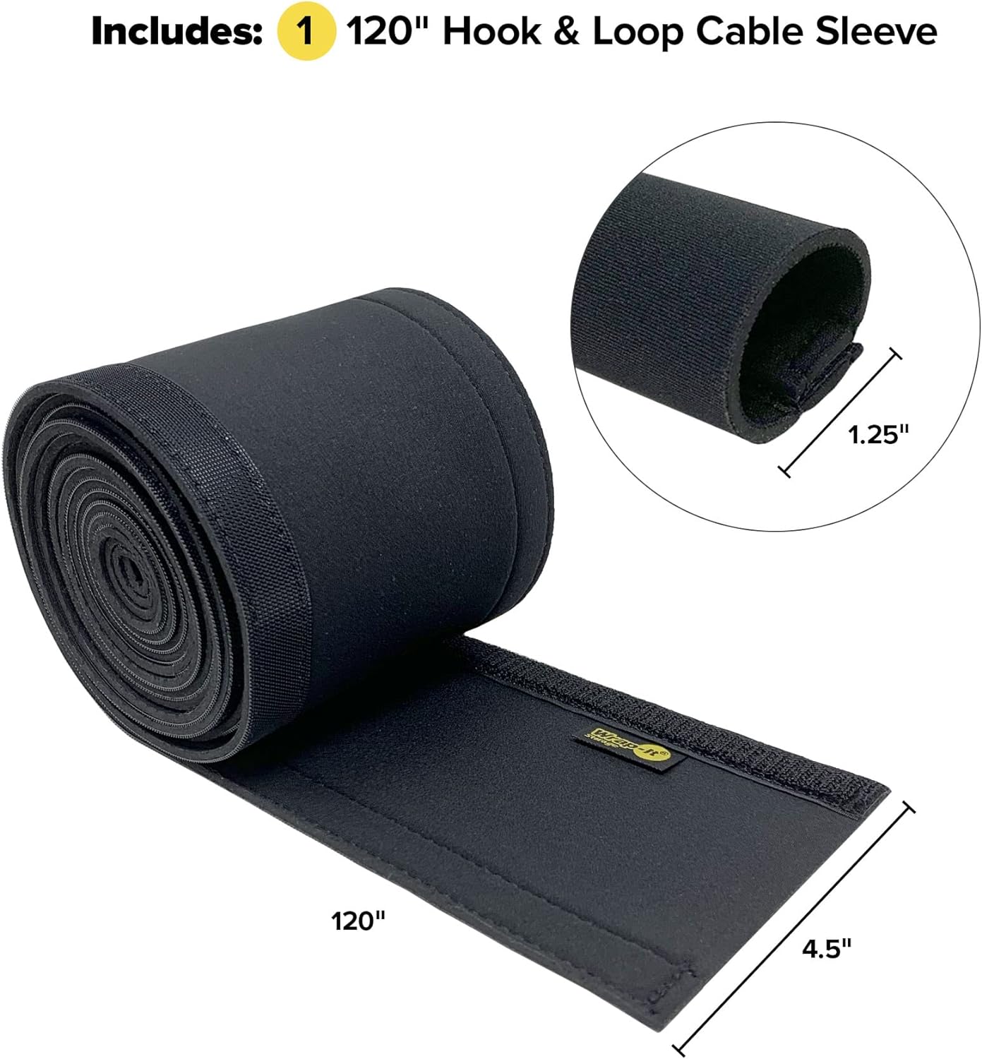 Hook and Loop Cable Sleeve by Wrap-It Storage - 120" x 4.5" Black - Cut to Size Cord Organizer and Cable Protector for Desk, TV Cord Management to Hide and Cover Wire and Extension Cords