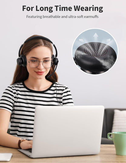USB Headset with Microphone for PC, Wired Headphones with Noise Cancelling Mic, Computer Headset with in-line Controls, 3.5mm & USB Plug for Zoom, Skype, Call Center, Office Use, Black
