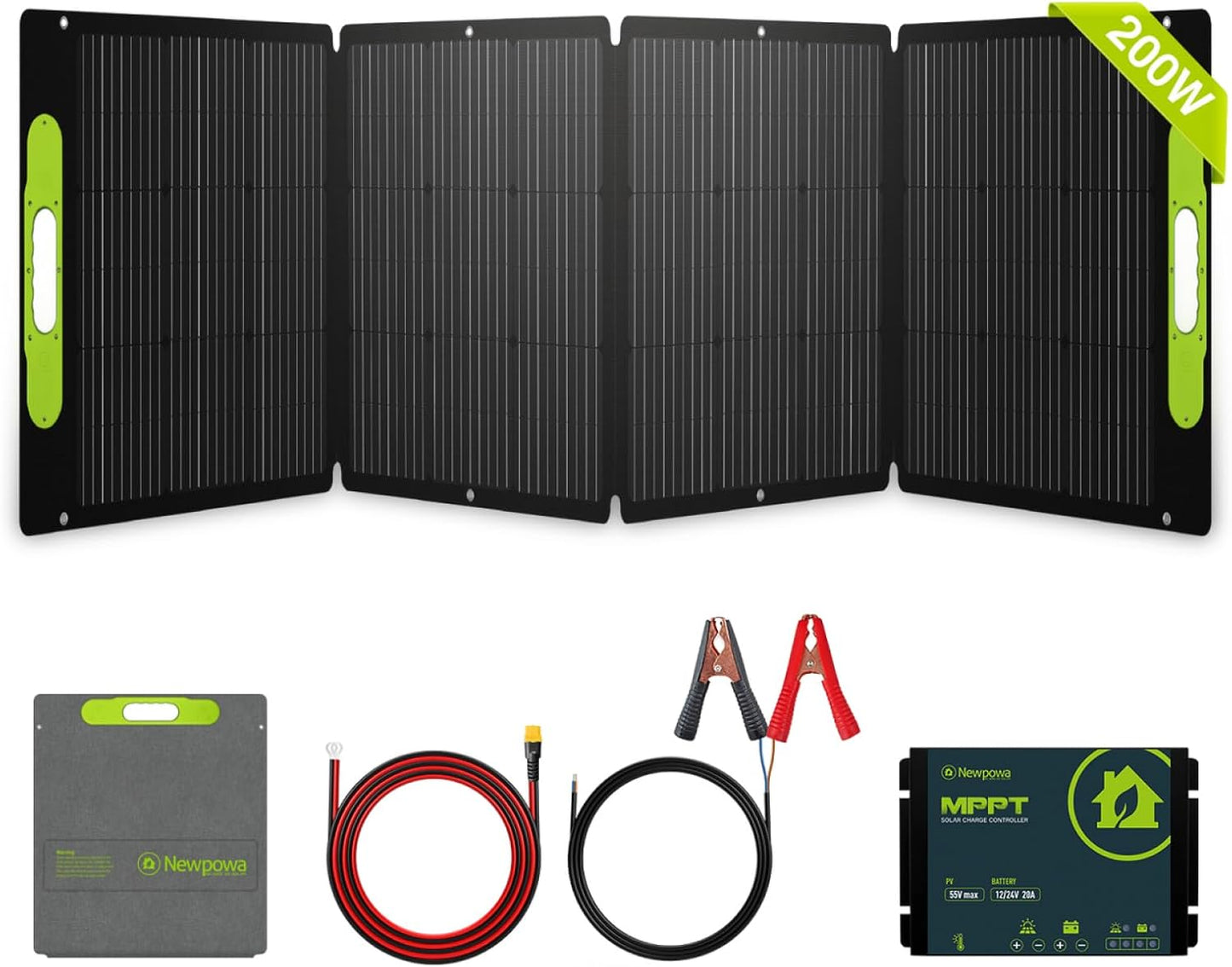 Newpowa 200W Portable Solar Panel Kit with Adjustable Kickstand Case,200Watt 12Volt Foldable Panel+20A MPPT Controller+20FT Controller Cable+20ft 12AWG