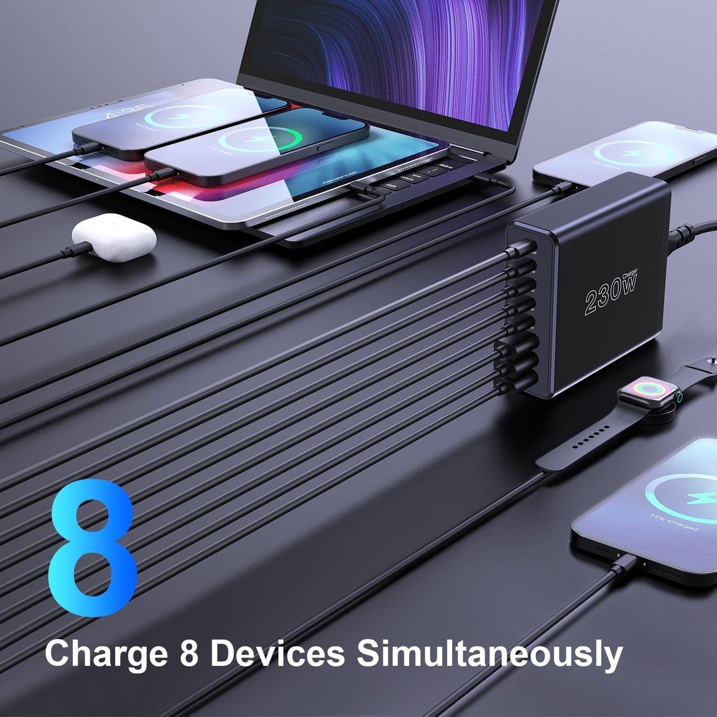230W USB C Charging Station, Graaci Compact 8 Ports GaN Desktop Charger, PD 100W PPS 45W Super Fast Charger, Laptop Wall Charger Block for MacBook Pro, iPad, iPhone 15/14, Galaxy S24/S23, and More