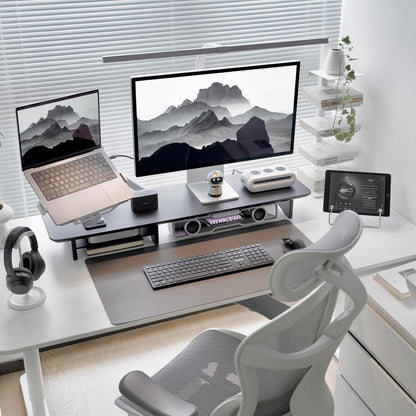 Bamboo Dual Monitor Stand Riser Black, 2-Tier Desk Monitor Riser for 2 Monitors, Supports for PC Computer Monitor, Printer, Heavy TV Riser up to 300 lbs