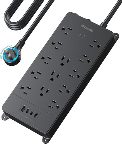 TROND 360° Rotating Flat Plug, Surge Protector Power Strip, 13AC Widely Spaced Outlets Expansion with 3 USB C Ports, 4000J, 15ft Extension Cord Heavy Duty, Wall Mount, Under Desk, ETL Listed, Black