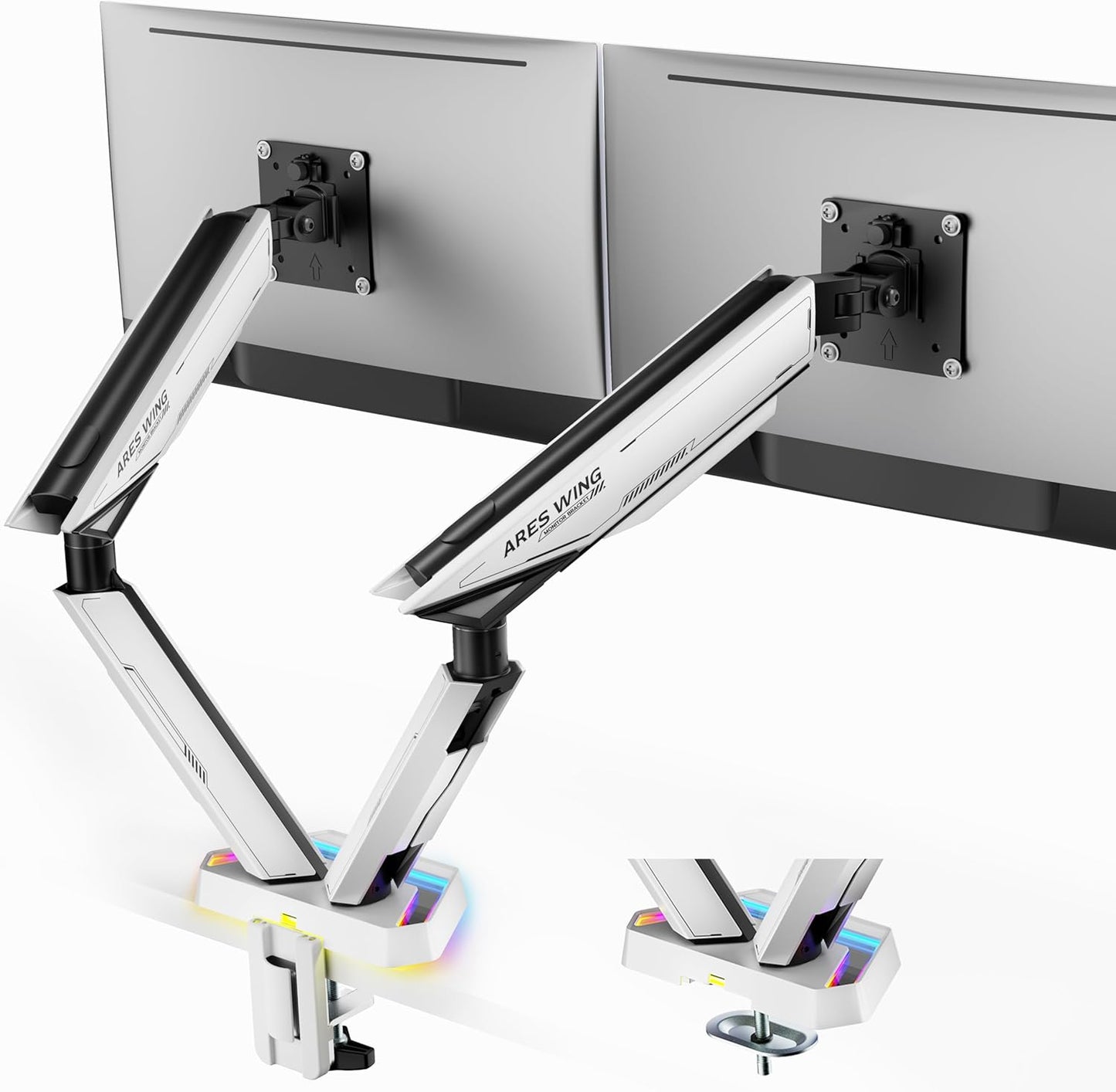 ARES WING RGB Dual Monitor Arm for 17-38" Ultrawide Screens, Holds 35.2lbs, Heavy Duty Dual Monitor Stand for Desk, Adjustable Double Monitor Mount with Clamp & Grommet Base, 75/100 VESA Mount, White