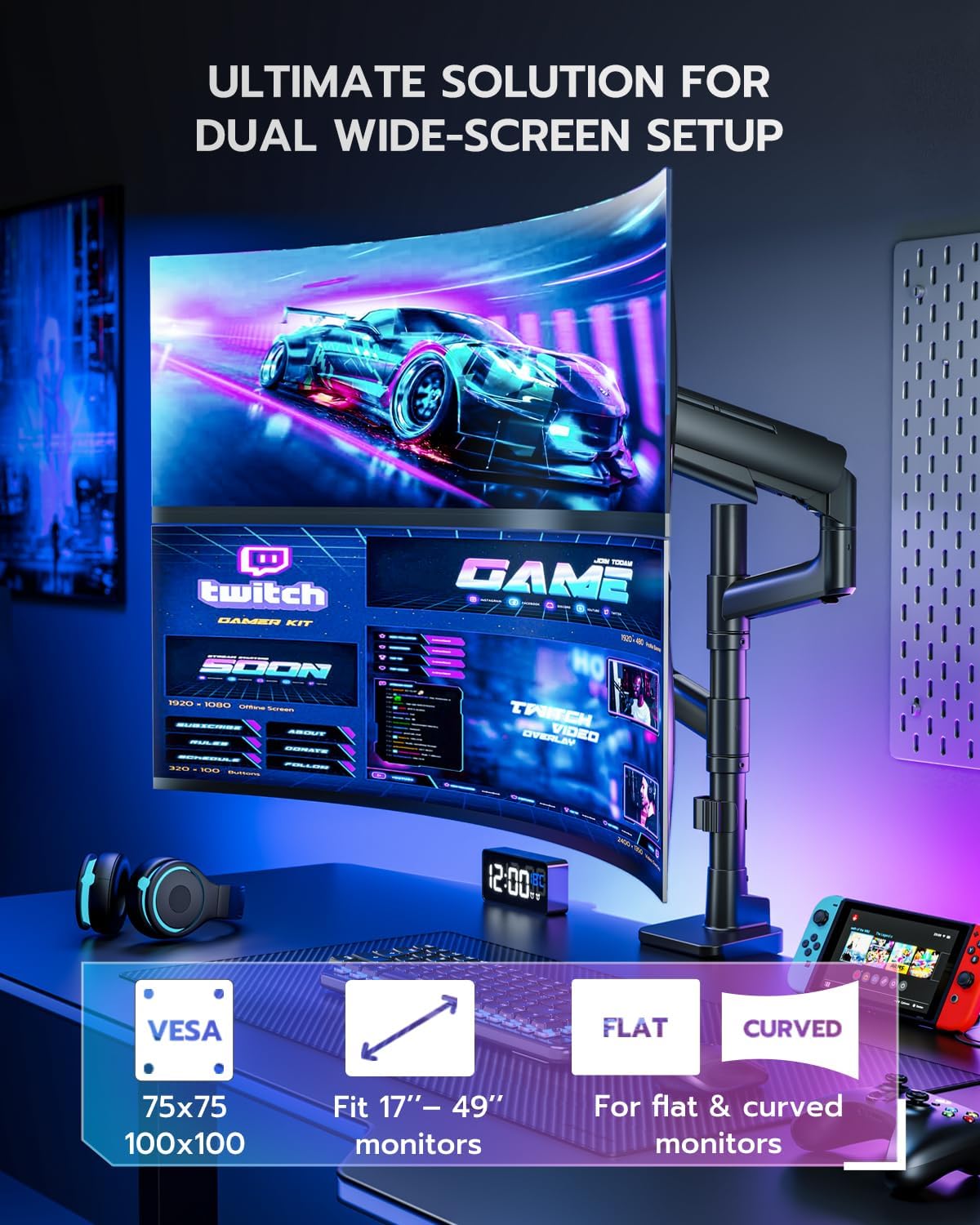 Vertical Dual Monitor Mount for 17-49 Inch Ultrawide Heavy Duty Curved Screen Stacking, Computer Monitor Arm Desk Mount, Gas Spring Adjustable Vesa Stand, Black