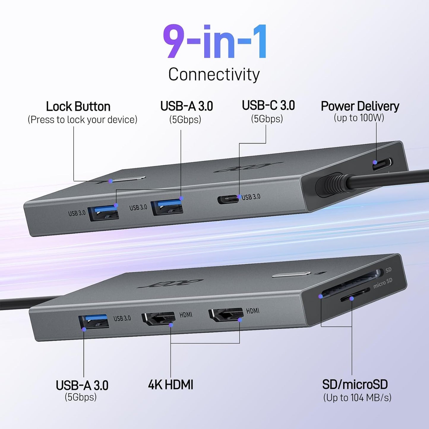Acer USB C Docking Station Dual Monitor With 2 HDMI, 9-IN-1 Laptop Docking Station with 4K HDMI, USB A&C 3.0, SD/Micro SD, 100W PD Charging, USB C Dock Compatible with Acer/Dell XPS/HP/Mac/Surface etc