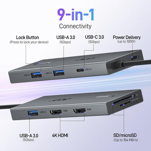 Acer USB C Docking Station Dual Monitor With 2 HDMI, 9-IN-1 Laptop Docking Station with 4K HDMI, USB A&C 3.0, SD/Micro SD, 100W PD Charging, USB C Dock Compatible with Acer/Dell XPS/HP/Mac/Surface etc