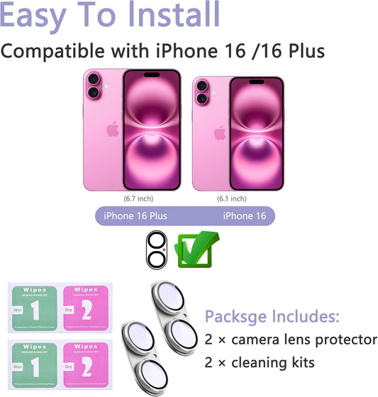 2 Pack Camera Lens Protector for iPhone 16 / iPhone 16 Plus,[Not Easy to Breakn ] AR Tempered Glass Strong Adsorption Metal Camera Cover Screen-Silvery
