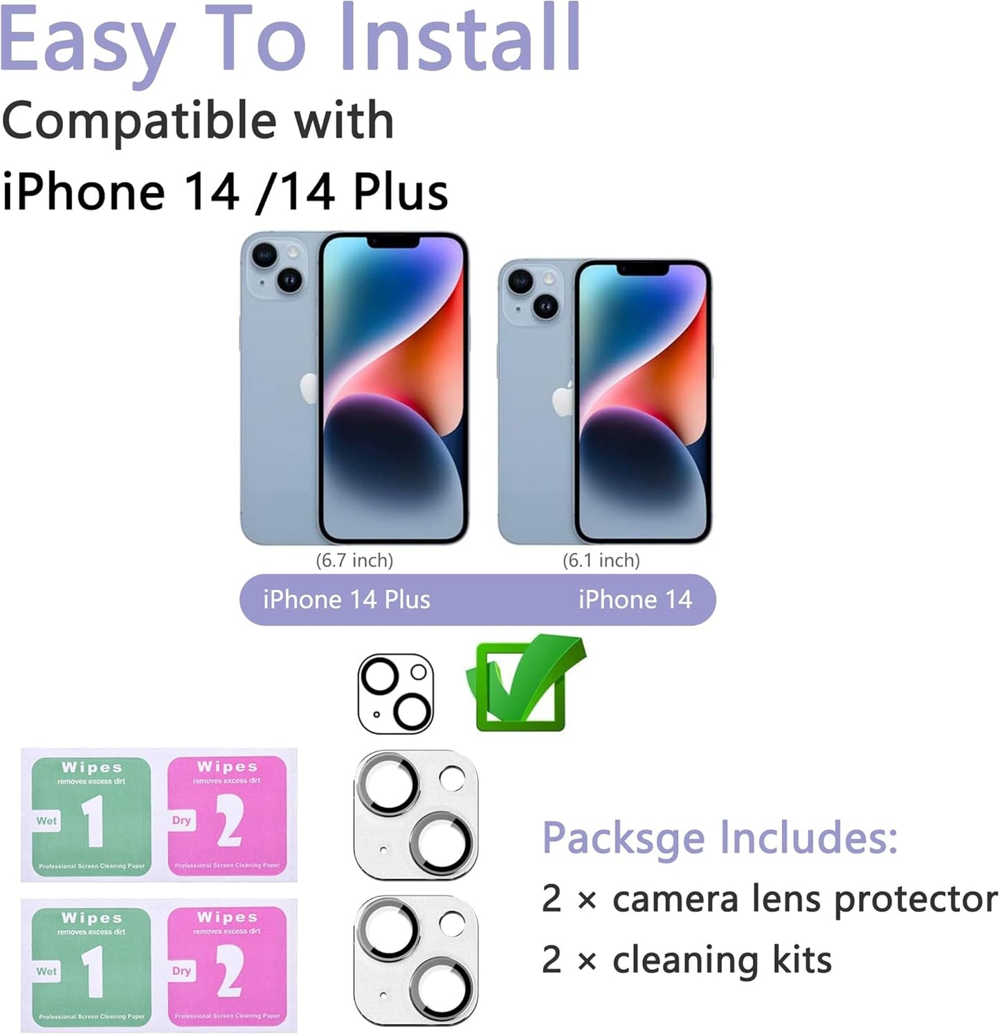 2 Pack Camera Lens Protector for iPhone 14 / iPhone 14 Plus,[Not Easy to Breakn ] AR Tempered Glass Strong Adsorption Metal Camera Cover Screen- silvery
