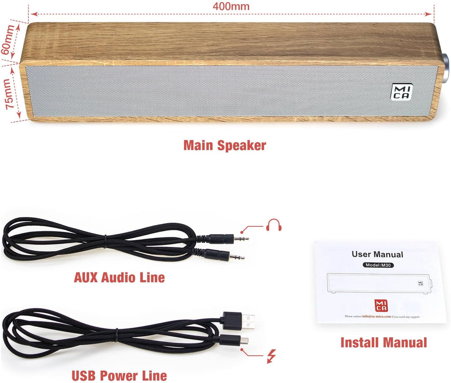 MICA Computer Speakers, Wired Computer Sound Bar, Wooden Mini Soundbar, USB Powered PC Speakers 3.5mm AUX & PC Input (Yellow)