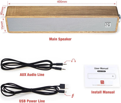 MICA Computer Speakers, Wired Computer Sound Bar, Wooden Mini Soundbar, USB Powered PC Speakers 3.5mm AUX & PC Input (Yellow)