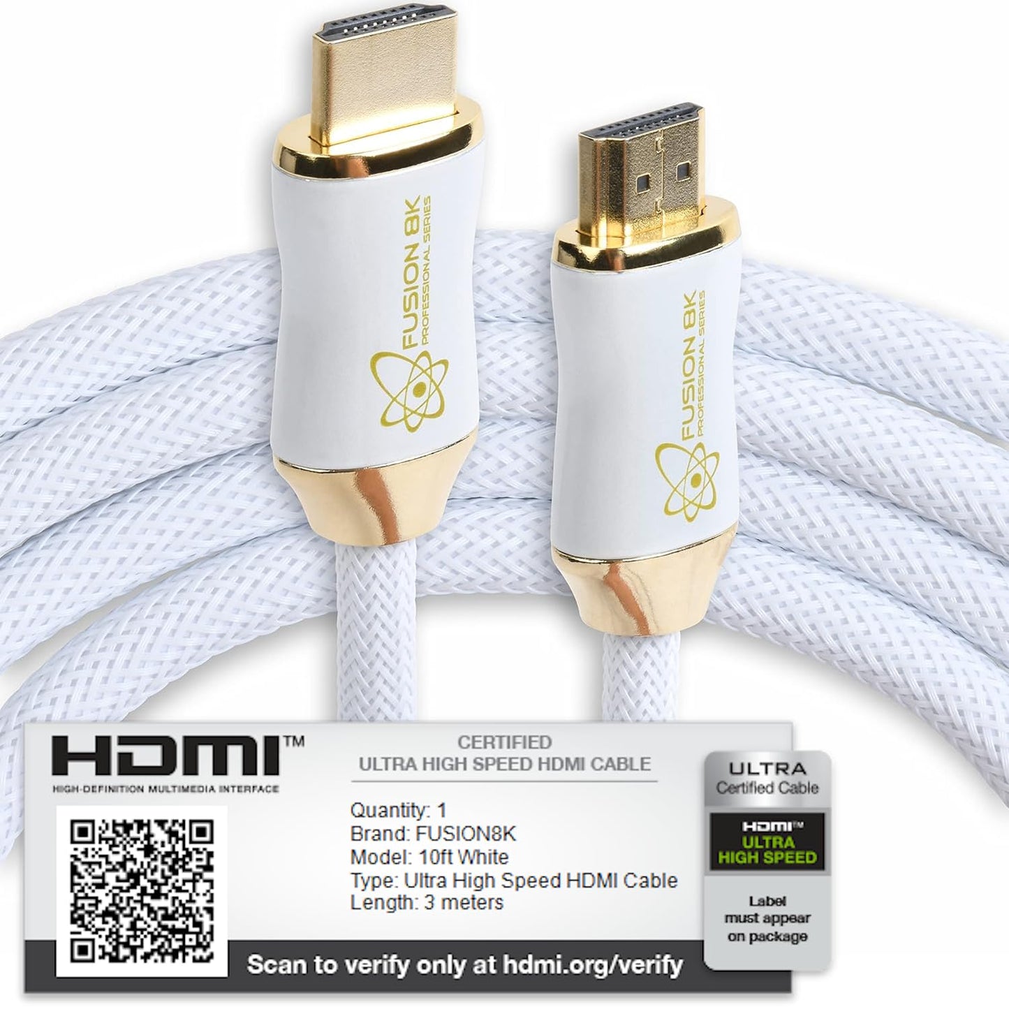 White HDR HDMI 2.1 Certified Cable Supports 10K 8K @60Hz and 4K @120Hz Compatible with Dolby Vision and All TVs, BluRay, Xbox Series X, PS5 (10 Feet)