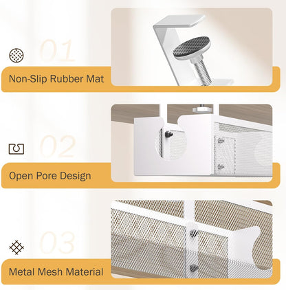 DELAMU Under Desk Cable Management Tray, No Drill Metal Mesh Cable Management Under Desk with F-Clamp Mount & 2 Open Holes, Cord Organizer for Home Office, 1 Pack, White