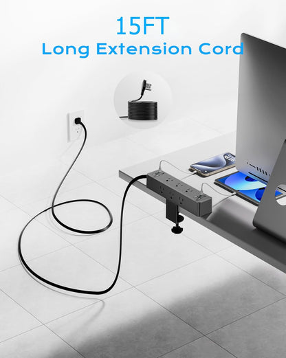 Flat Plug Desk Clamp Power Strip 15FT, 40W Total Fast Charging Station, Dual PD 20W USB C Ports, Desk Edge Mount Power Strip 9 AC Outlets 8 USB Ports(4 USB C) Surge Protector, Fit 1.7" Tabletop Edge