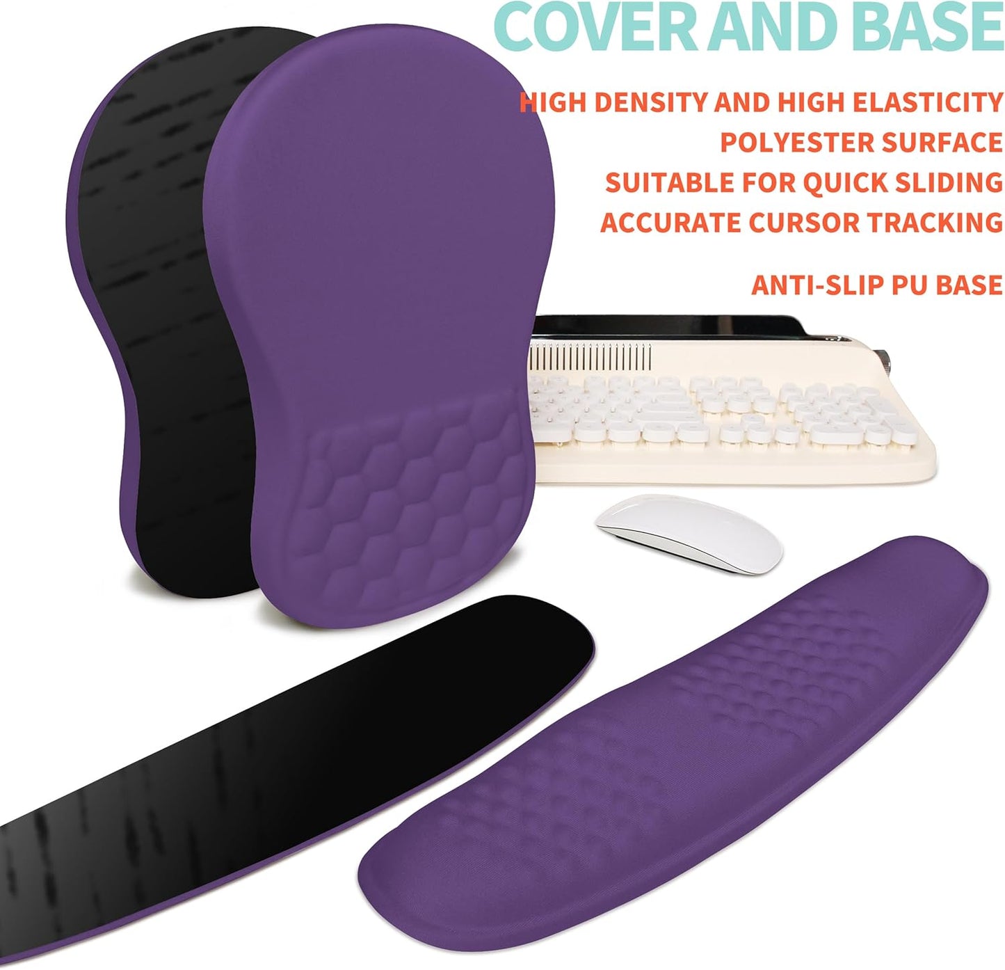2-in-1 Ergonomic Set, Wave Rise Keyboard Wrist Rest and Massage Bulge Slope Mouse Pad Wrist Support, Cushion Memory Foam Integrated to Relieve Wrist Pain, Dark Purple