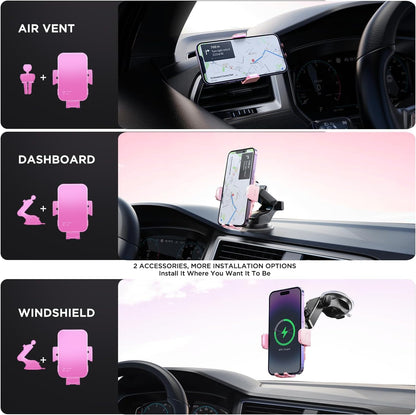 Wireless Car Charger,【7 Colored LED Backlit】 15W Auto Clamping Car Charger Phone Mount Holder fit for iPhone 14 13 12 Mini Pro Max 11 XR XS, Samsung Galaxy S23 Ultra S22 S21+ S10+ Note 20, etc - Pink