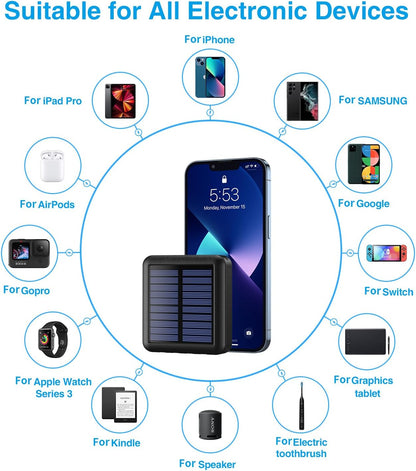 Solar Power Bank 12000mAh,Small Solar Charger Built in 4 Cables,USB C Input/Output,Dual Flashlight External Battery Portable Charger Power Bank for iPhone,Tablet,Samsung