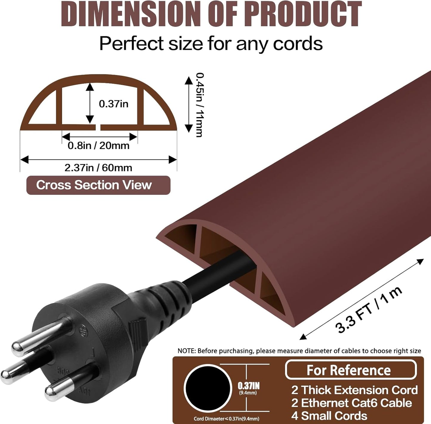 Floor Cord Cover Cavity 0.8"x0.37" Self Adhesive Cord Hider, 3.3FT Low Profile Cable Management, Extension Strip Protector for Wires, Prevent Cable Trips for Offices, Gyms, Exhibitions (Coffee)