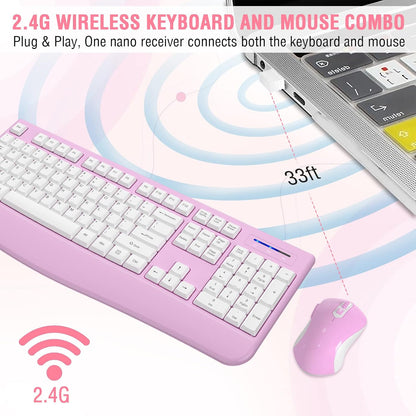 Wireless Keyboard and Mouse Combo, EDJO 2.4G Full-Sized Ergonomic Computer Keyboard with Wrist Rest and 3 Level DPI Adjustable Wireless Mouse for Windows, Mac OS Desktop/Laptop/PC(White Pink)