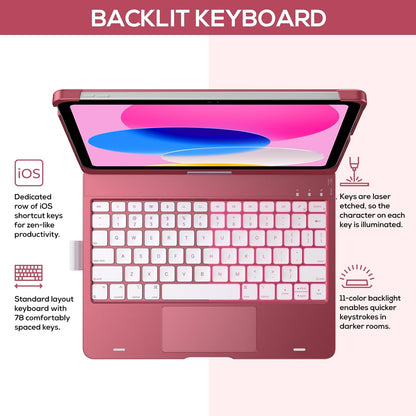 typecase Touch iPad 10th Generation Case with Keyboard (10.9", 2022) and iPad A16 (11th Gen, 2025) – 360° Rotatable, 11-Color Backlit, Multi-Touch Trackpad, Thin & Light (Pink)