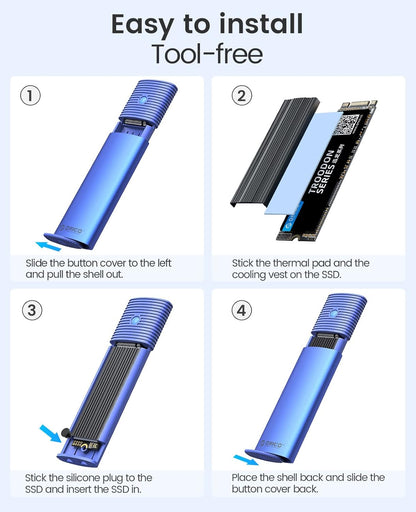 ORICO M.2 NVMe SATA SSD Enclosure Adapter Tool-Free, USB C 3.2 Gen 2 10Gbps NVMe, 5Gbps NGFF SATA PCIe M-Key(B+M Key) 2230/2242/2260/2280, Aluminum External M2 Reader Support UASP Trim-BL(G2A)