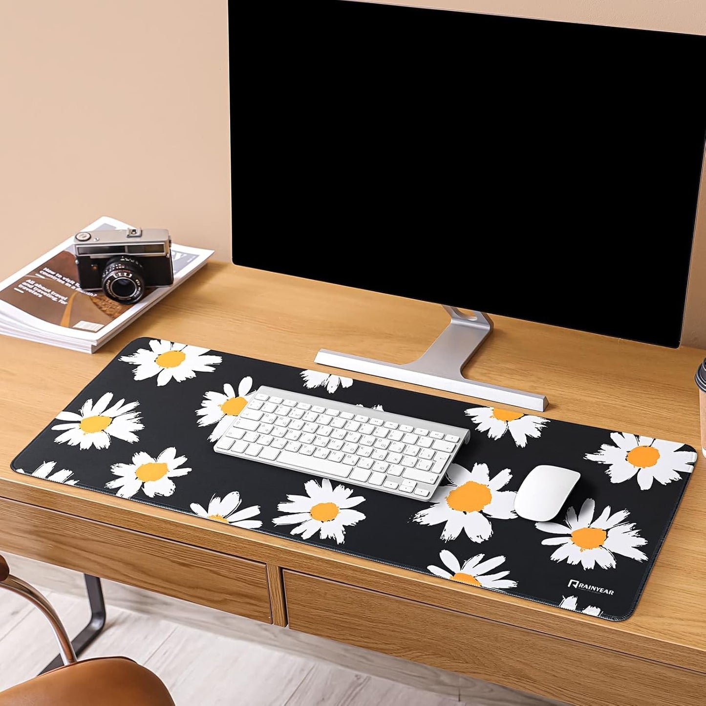 RAINYEAR Large Gaming Mouse Pad(31.5 x 11.8 Inch), Computer Mousepad with Anti-Slip Rubber Base, Smooth Large Keyboard Mouse Pad Mat for Gamer, Office, Home, Black Daisy