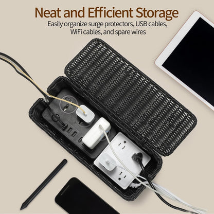 Delamu Handmade Rattan Cable Management Box, Cord Organizer with 2 Open Slots, Desk Cord Hider Box for Computer Router USB Hub Power Strip, 12.5" Lx 5.1" Wx 5.1" H, Black