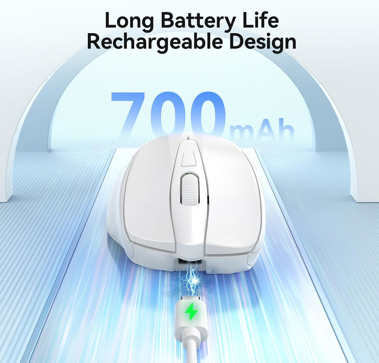 TECKNET Rechargeable Jiggler Wireless Mouse (BT5.0/3.0 & 2.4G) 4800 DPI Silent USB A & Bluetooth Mouse 6 Buttons, Wide Compatibility - White