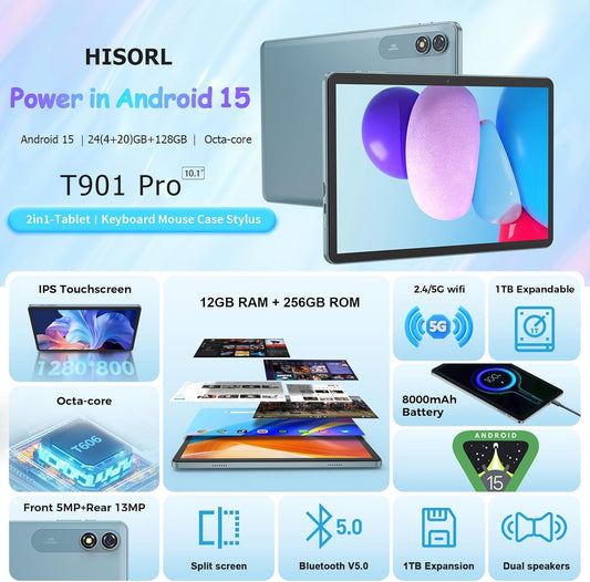 Android Tablet with Keyboard, Android 15 Tablet 10 inch with 24GB+128GB, 1TB Expand, 8-Core, 8000mAh, 5G WiFi, Widevine L1, GMS, with Case, Keyboard, Mouse, Stylus(Black)