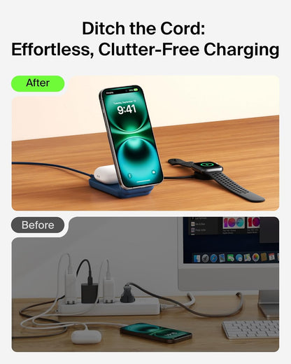 Belkin MagSafe Charger Compatible, 2-in-1 Charging Station, Qi2.2 25W Magnetic Wireless Charger Dock, Foldable Stand, with 5W USB-C Port, for iPhone 16/15/14, AirPods (45W Adapter Included)