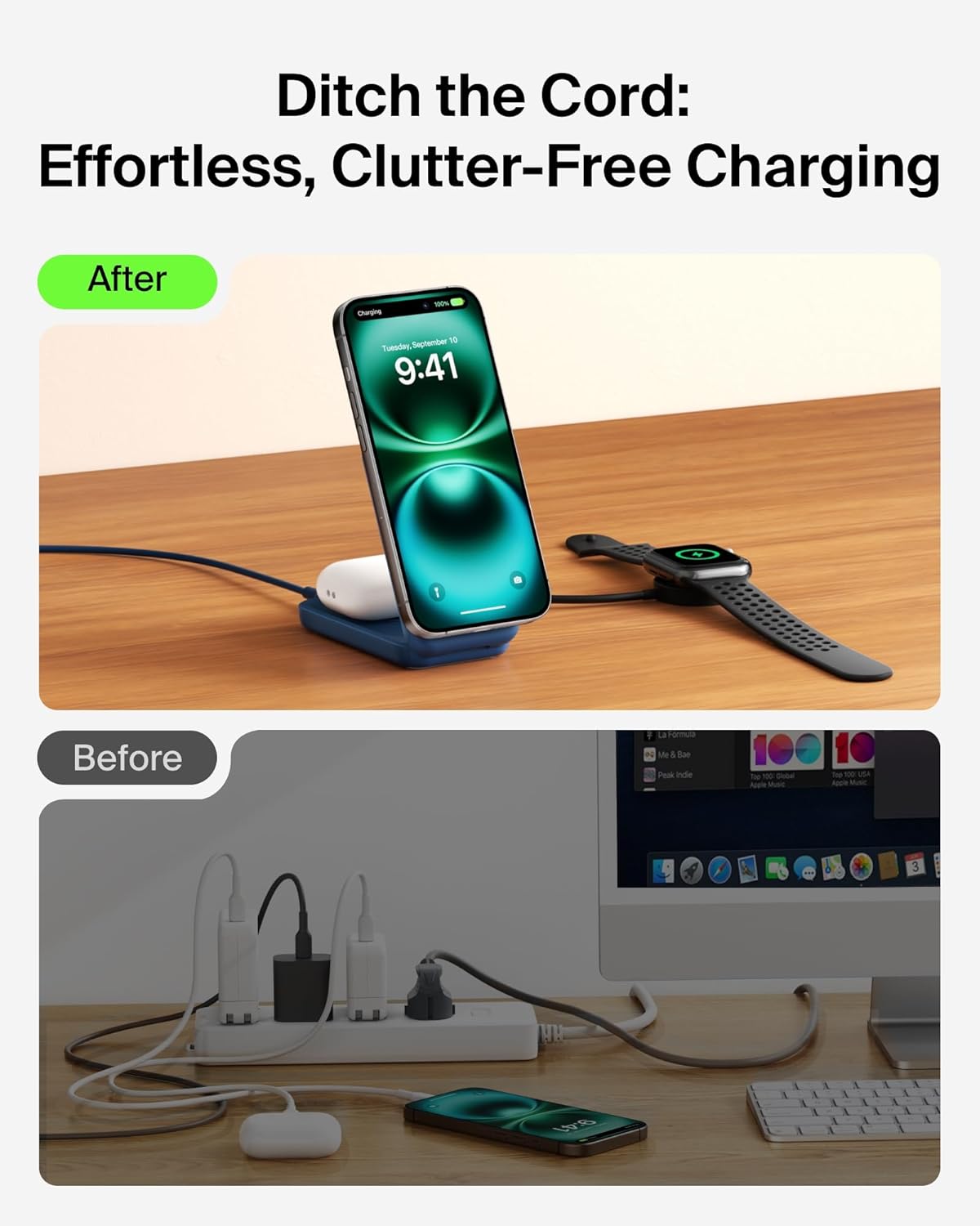 Belkin MagSafe Charger Compatible, 2-in-1 Charging Station, Qi2.2 25W Magnetic Wireless Charger Dock, Foldable Stand, with 5W USB-C Port, for iPhone 16/15/14, AirPods (45W Adapter Included)