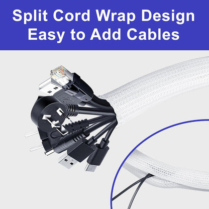 Cable Management Sleeves 1.2in - 2 Pack 4.1ft Split Braided Sleeve White, Hard PE Protectors From Pets, Wire Organizers, Flexible Wrap for Computer Cord Management
